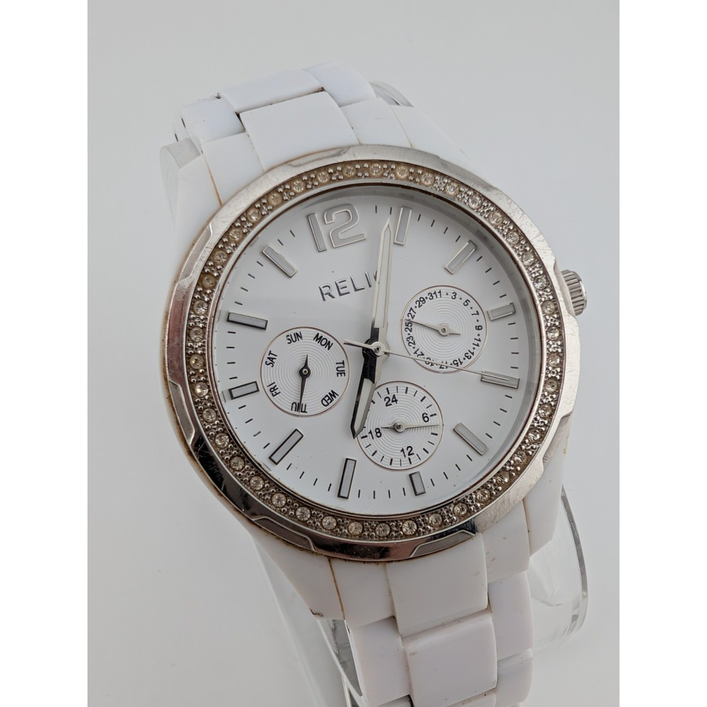 Relic Brand Watch Womens White Dial Crystal Bezel Day Date 7" Band- New Battery